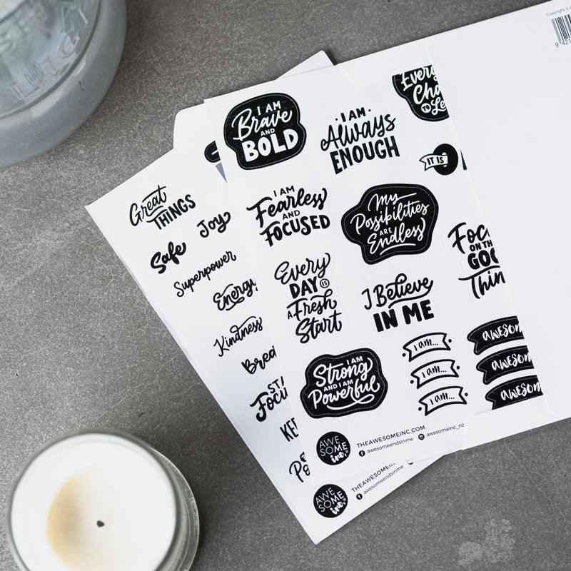 Set of decorative wellbeing stickers from Awesome Inc NZ featuring positive vibes and mindfulness-themed designs.