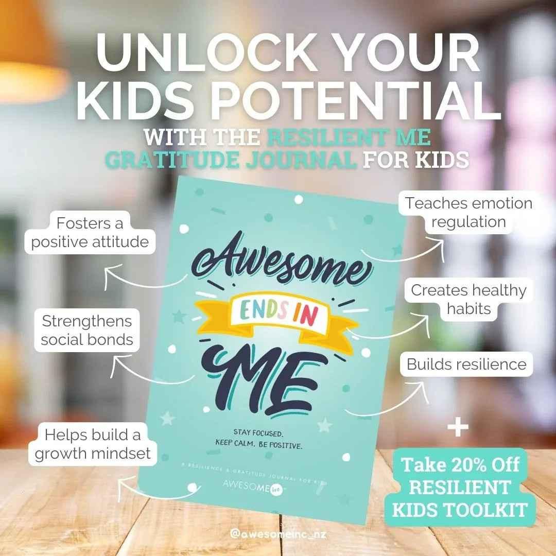 Resilient ME Gratitude Journal for Kids by Awesome Inc NZ, designed for children aged 5-12, featuring colorful cover and pages.