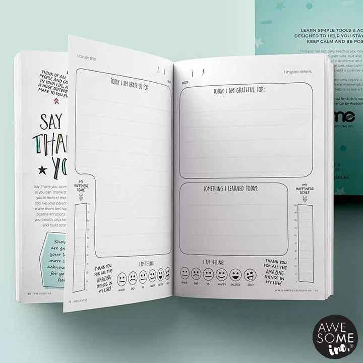 Resilient ME Gratitude Journal for Kids by Awesome Inc NZ, age 5-12, with colorful cover and cheerful design for positive reflection