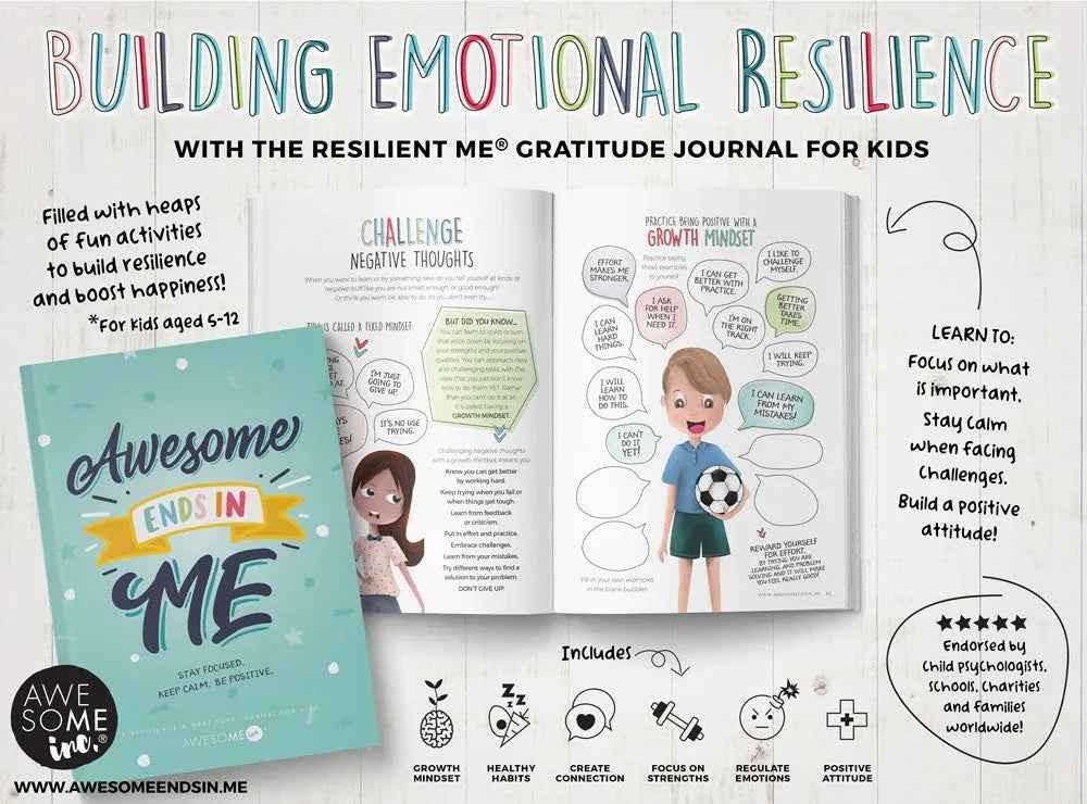 Resilient ME gratitude journal for kids ages 5-12 by Awesome Inc NZ, featuring colorful cover with positive affirmations and fun design.