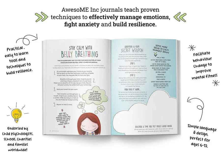 Resilient ME Gratitude Journal for Kids by Awesome Inc NZ, designed for ages 5-12, featuring colorful cover with gratitude prompts.