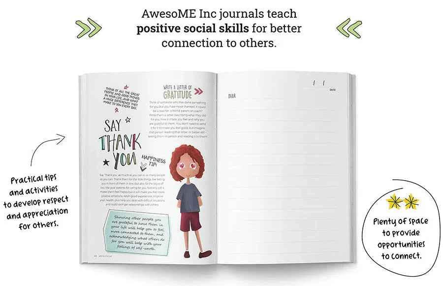 Resilient ME Gratitude Journal for Kids by Awesome Inc NZ, age 5-12, featuring colorful cover and space for gratitude entries.
