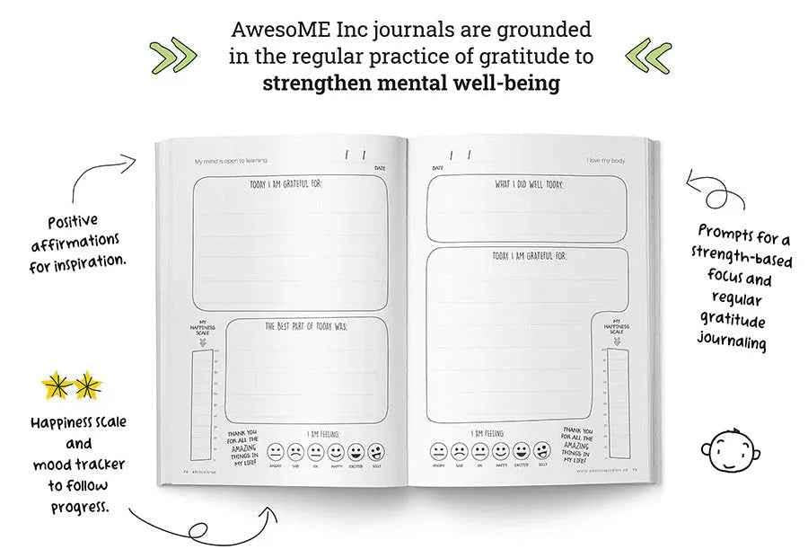 Resilient ME Gratitude Journal for Kids by Awesome Inc NZ, age 5-12, featuring colorful cover and pages for gratitude reflections.