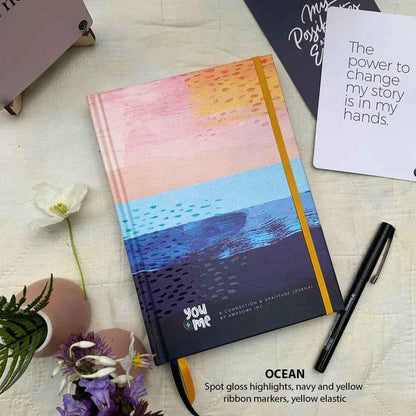 Ocean yellow You + ME Connection Gratitude Journals by Awesome Inc NZ, featuring inspirational design and open pages for reflection.