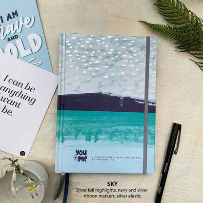 Ocean yellow You + ME Connection Gratitude Journal by Awesome Inc NZ, featuring a cover with inspiring design and space for reflections.