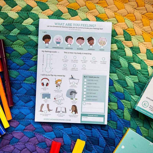 Colorful Emotional Warriors notepad for kids ages 5-12 by Awesome Inc NZ, featuring fun illustrations to help understand feelings.