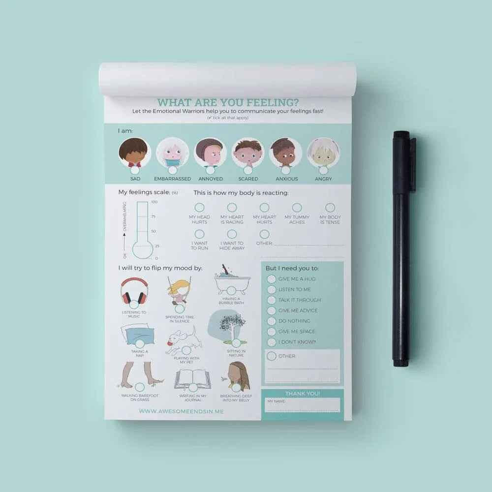 Colorful Emotional Warriors notepad for kids ages 5-12 by Awesome Inc NZ, featuring playful designs to help children understand feelings.