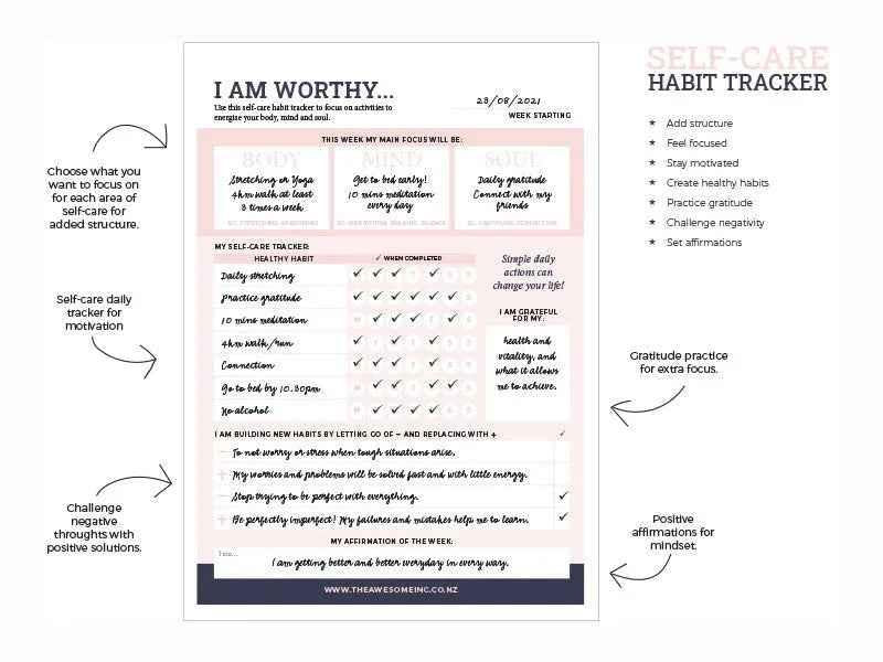 Self-care habit tracker notepad by Awesome Inc NZ with "I Am Worthy" title and space for tracking daily self-care habits.