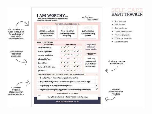 Self-care habit tracker notepad by Awesome Inc NZ with "I Am Worthy" title and space for tracking daily self-care habits.