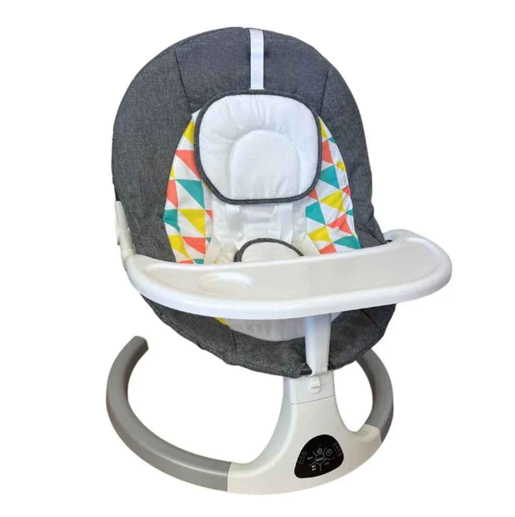 Baby Way NZ 2-in-1 electric baby rocker swing, bouncer, and dining seat with food tray and remote control, showing the product in use.