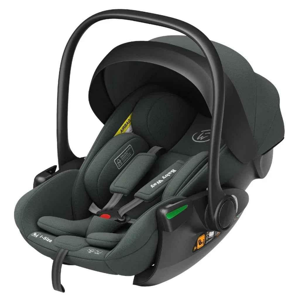 Baby Way NZ Crown i-Size capsule car seat in olive with reclining feature and 6-level adjustable headrest for infants and toddlers.