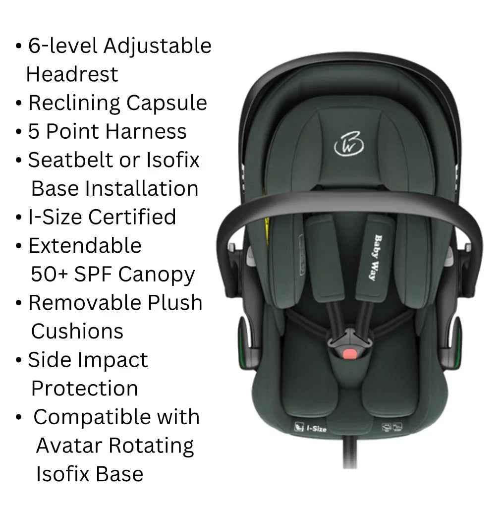 Baby Way NZ Crown i-Size Capsule Car Seat in olive with reclining feature and 6-level adjustable headrest for infants and toddlers.