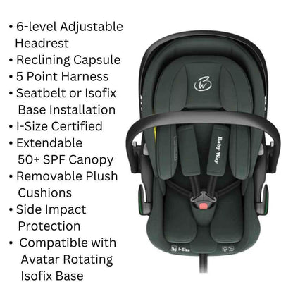 Baby Way NZ Crown i-Size Capsule Car Seat in olive with reclining feature and 6-level adjustable headrest for infants and toddlers.