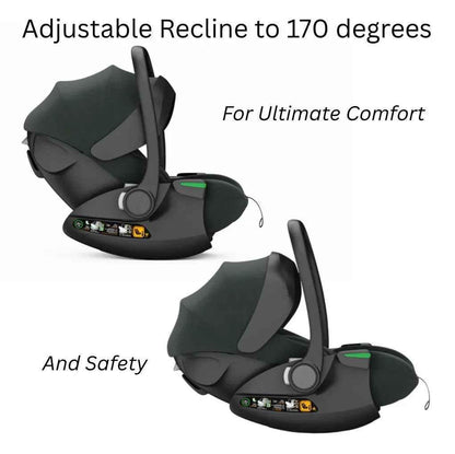 Baby Way NZ Crown i-Size Capsule Car Seat in olive, reclining toddler car seat with 6-level adjustable headrest.
