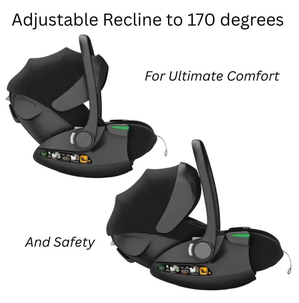 Baby Way NZ Crown i-Size reclining capsule car seat with adjustable headrest in black, designed for baby and toddler safety.