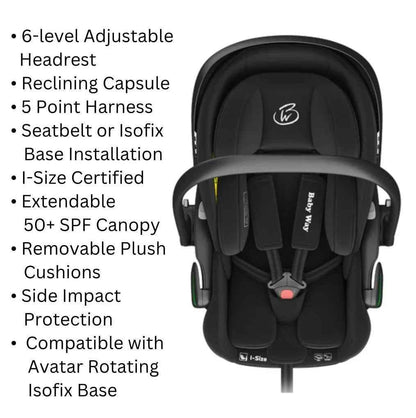 Baby Way NZ Crown i-Size reclining capsule car seat in black with 6-level adjustable headrest for infant safety and comfort.