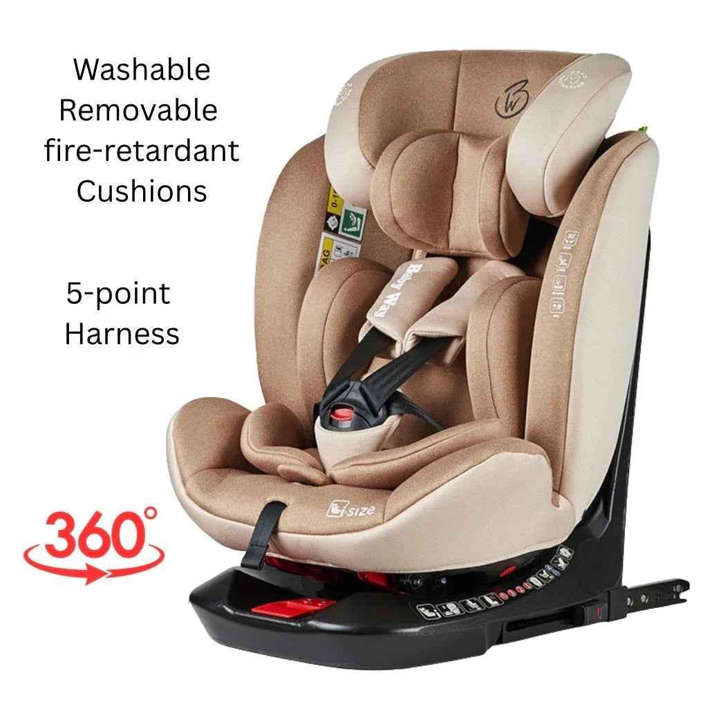Baby Way NZ Defender i-Size 360 rotating convertible car seat in beige with ISOFIX and top tether for baby and toddler safety.