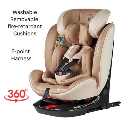 Baby Way NZ Defender i-Size 360 rotating convertible car seat in beige with ISOFIX and top tether for baby and toddler safety.