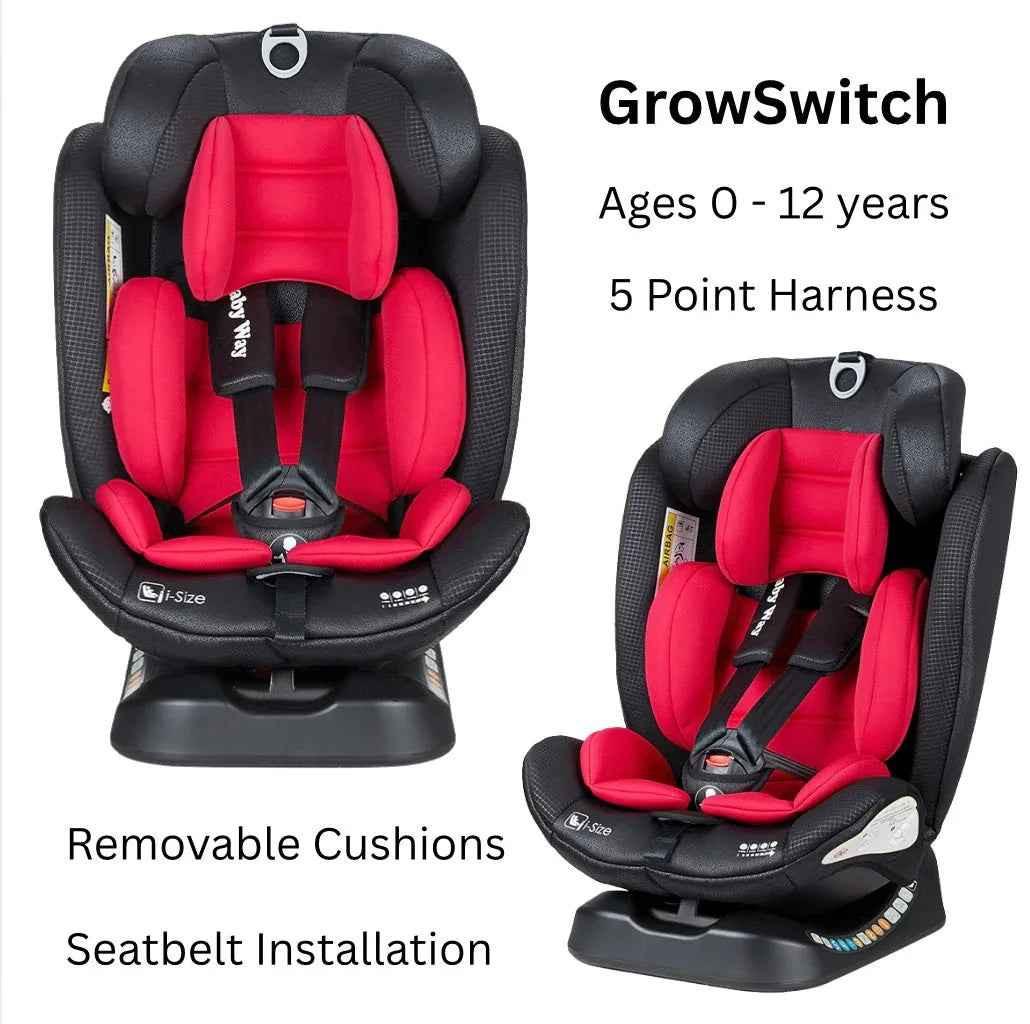 Baby Way NZ GrowSwitch iSize convertible car seat for 0-12 years in red, designed for baby and toddler safety.