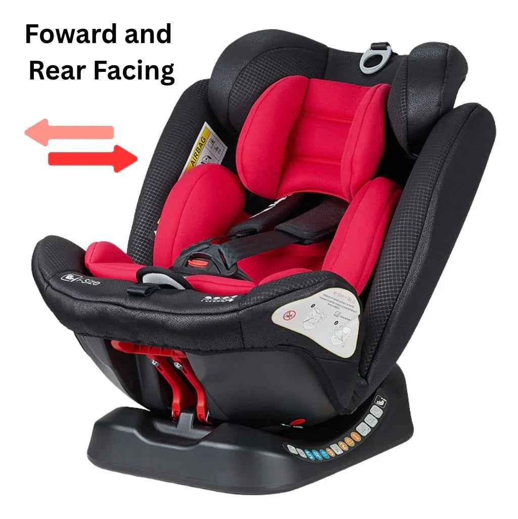 Baby Way NZ GrowSwitch iSize convertible car seat in red for babies and toddlers from birth to 12 years, adjustable safety seat.