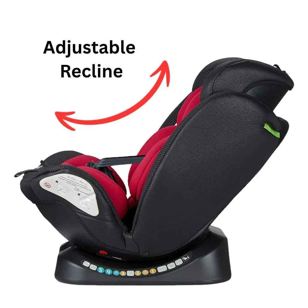 Red GrowSwitch iSize convertible baby and toddler car seat by Baby Way NZ, suitable for ages 0-12 years, shown in a car seat image.