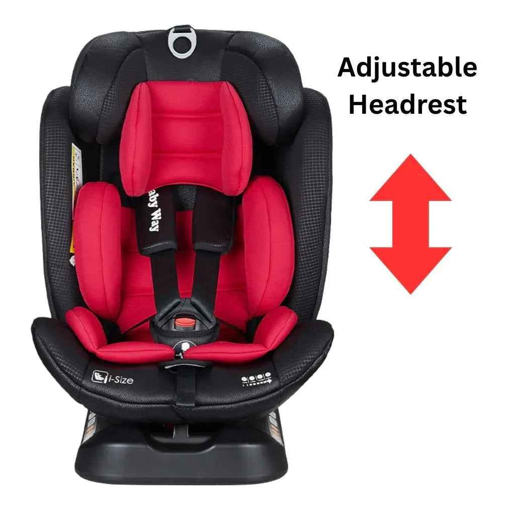 Red GrowSwitch iSize convertible car seat for babies and toddlers, suitable for 0-12 years, by Baby Way NZ.