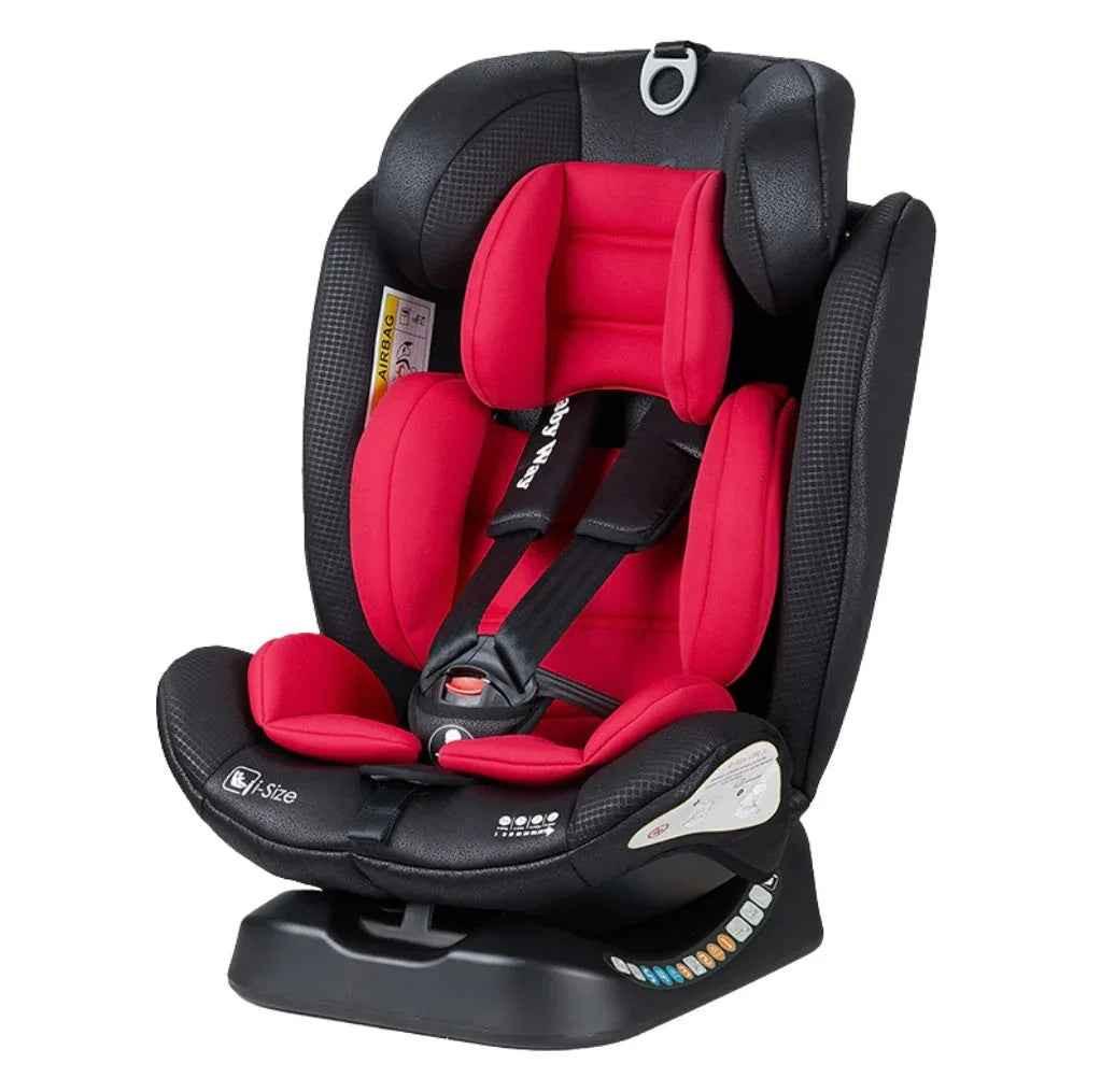 Baby Way NZ GrowSwitch iSize convertible car seat in red for ages 0-12 years, designed for safety and comfort in baby and toddler travel.