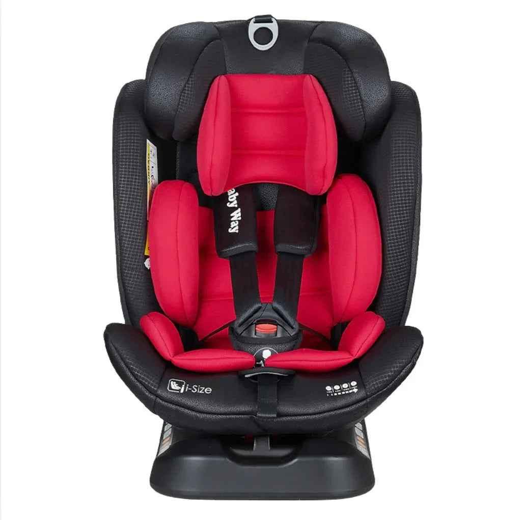 Red GrowSwitch iSize convertible car seat for babies and toddlers, suitable for ages 0-12 years, by Baby Way NZ.