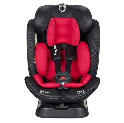 Red GrowSwitch iSize convertible car seat for babies and toddlers, suitable for ages 0-12 years, by Baby Way NZ.