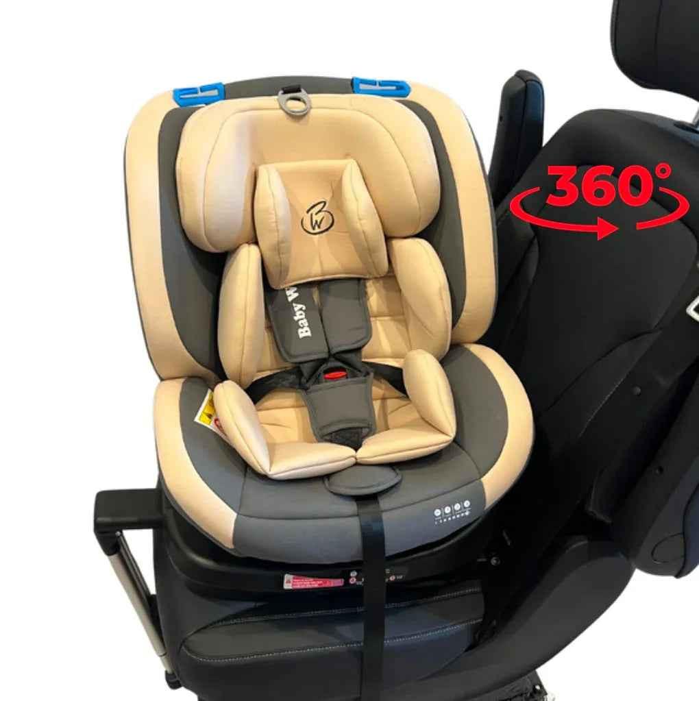 Baby Way NZ SafeHalo 360 rotating and convertible car seat in khaki with ISOFIX for infants and toddlers, showing adjustable features.