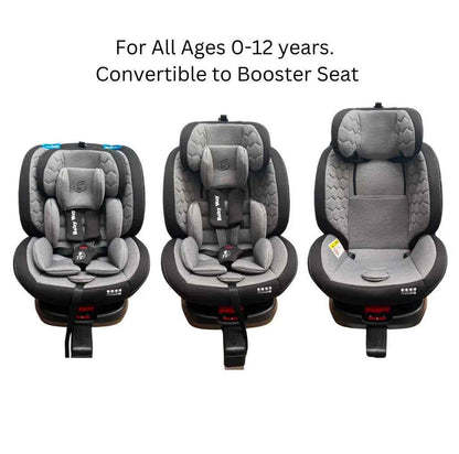 Baby Way NZ SafeHalo 360 rotating convertible car seat with ISOFIX in khaki, suitable for all ages, shown installed in a vehicle.