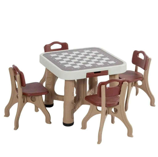 Kids' play and activity table set with four chairs, game board, and storage from Baby Way NZ, designed for toddlers.
