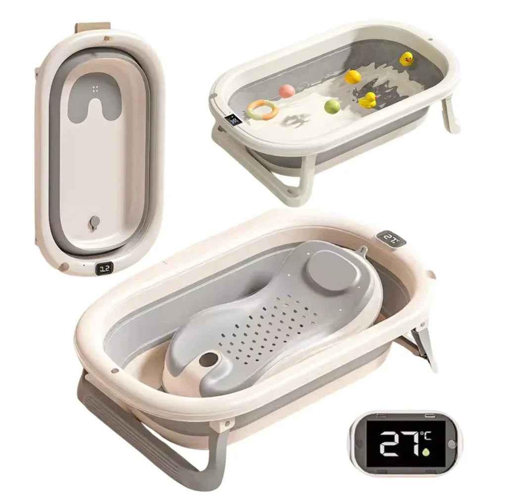 Foldable Baby Bath by Baby Way NZ in grey with digital thermometer and newborn support rack, designed for safe and comfortable bathing.