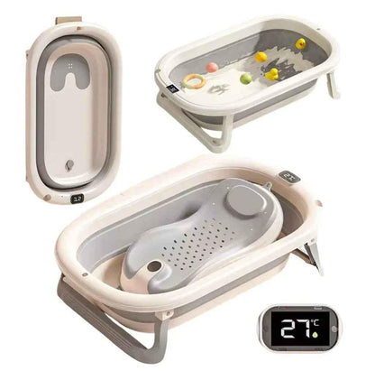 Foldable Baby Bath by Baby Way NZ in grey with digital thermometer and newborn support rack, designed for safe and comfortable bathing.