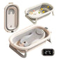 Foldable Baby Bath by Baby Way NZ in grey with digital thermometer and newborn support rack, designed for safe and comfortable bathing.