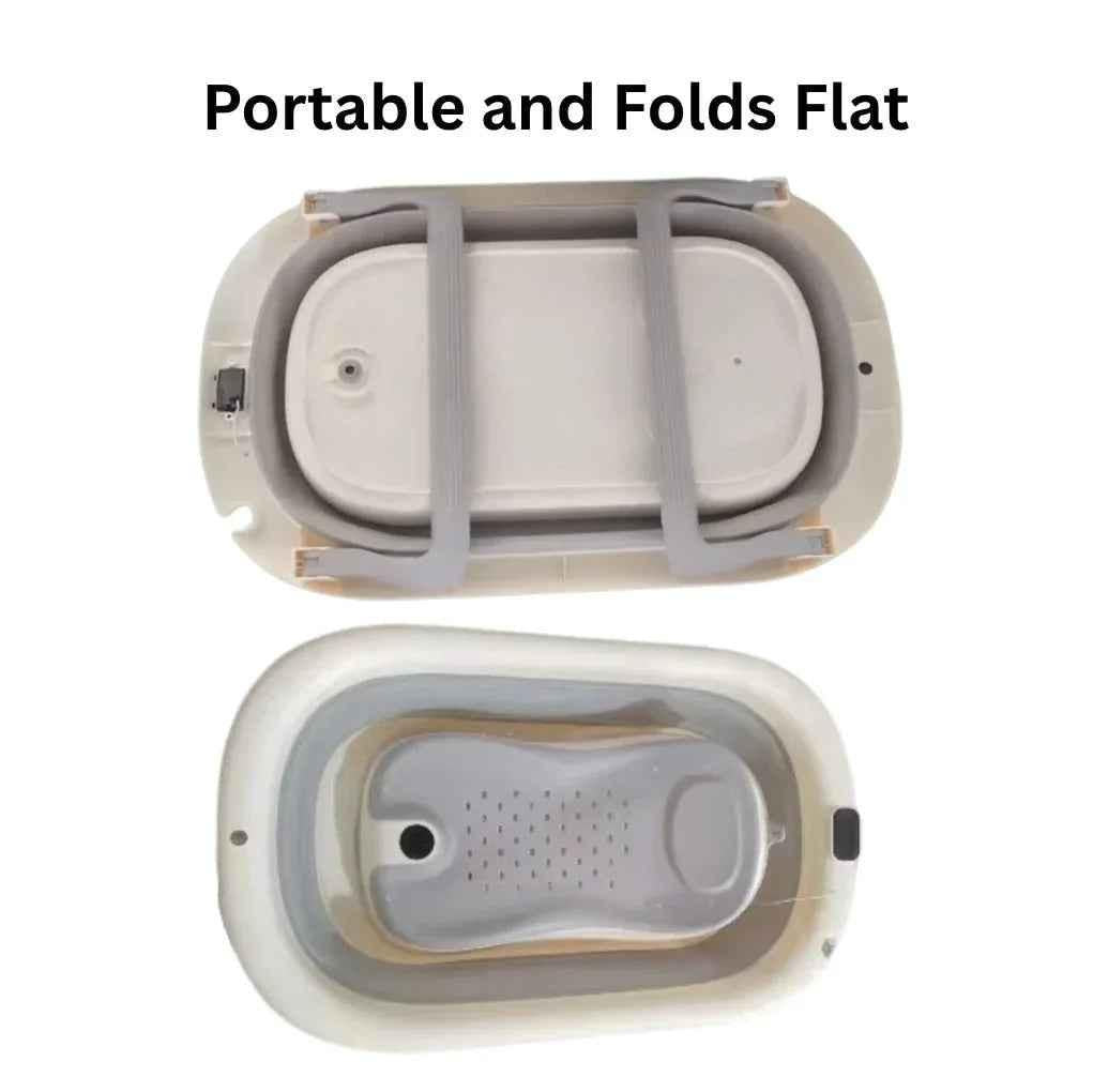 Foldable Baby Bath with digital thermometer and support rack in grey, designed for newborns by Baby Way NZ.