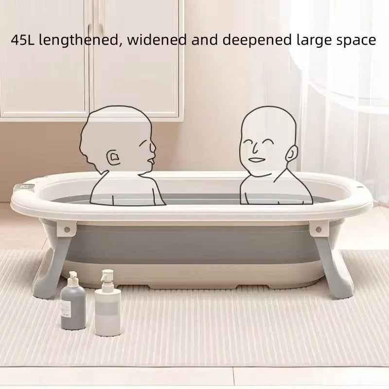 Foldable grey baby bath from Baby Way NZ with digital thermometer and newborn support rack, designed for safe, convenient bathing.