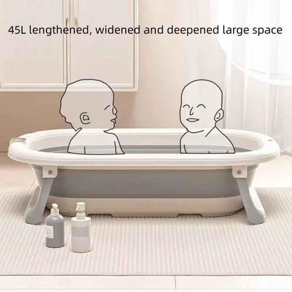 Foldable grey baby bath from Baby Way NZ with digital thermometer and newborn support rack, designed for safe, convenient bathing.