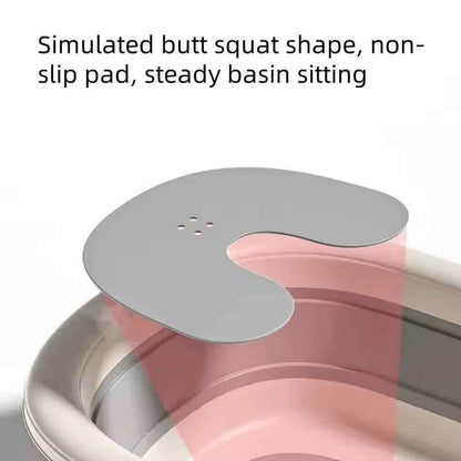 Foldable Baby Bath by Baby Way NZ in grey with digital thermometer and newborn support rack, designed for convenient infant bathing.