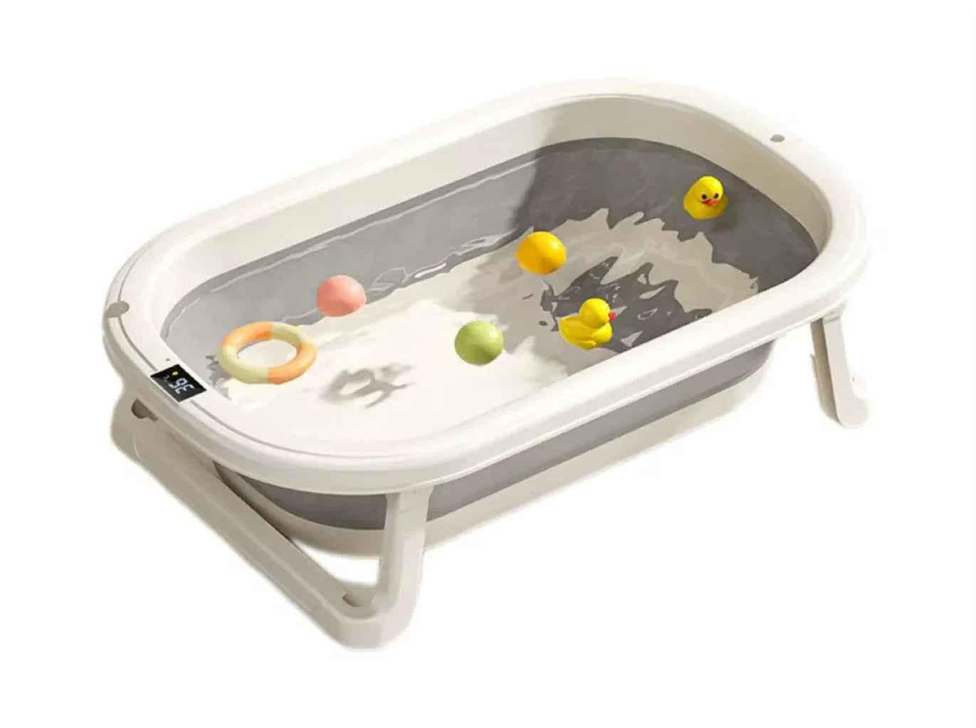 Foldable Baby Bath by Baby Way NZ with digital thermometer and newborn support rack in grey, ideal for safe infant bathing.