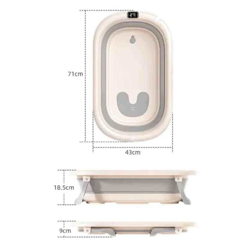 Foldable Baby Bath from Baby Way NZ with digital thermometer and newborn support rack in grey, ideal for safe infant bathing.