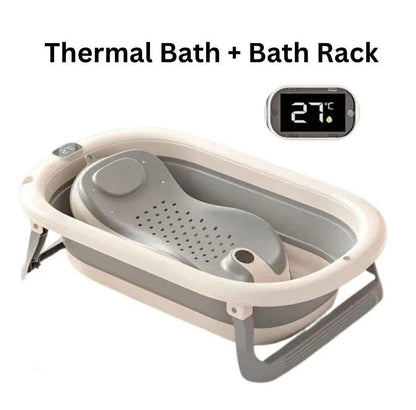 Foldable Baby Bath with digital thermometer and support rack in grey, designed for newborns by Baby Way NZ.