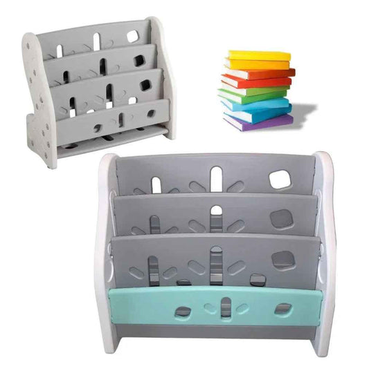 Kids book display shelf by Baby Way NZ, Montessori-inspired standing bookshelf in grey and mint for easy access to children's books.