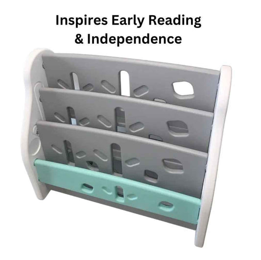 Montessori-inspired kids book display shelf in grey and mint by Baby Way NZ, showcasing colorful children's books and easy access.