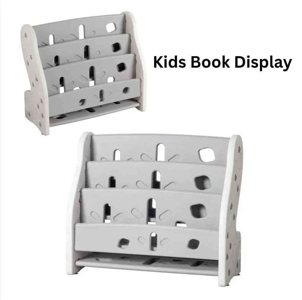 Kids Montessori-inspired book display shelf in grey and mint by Baby Way NZ, designed for children's books and easy access.