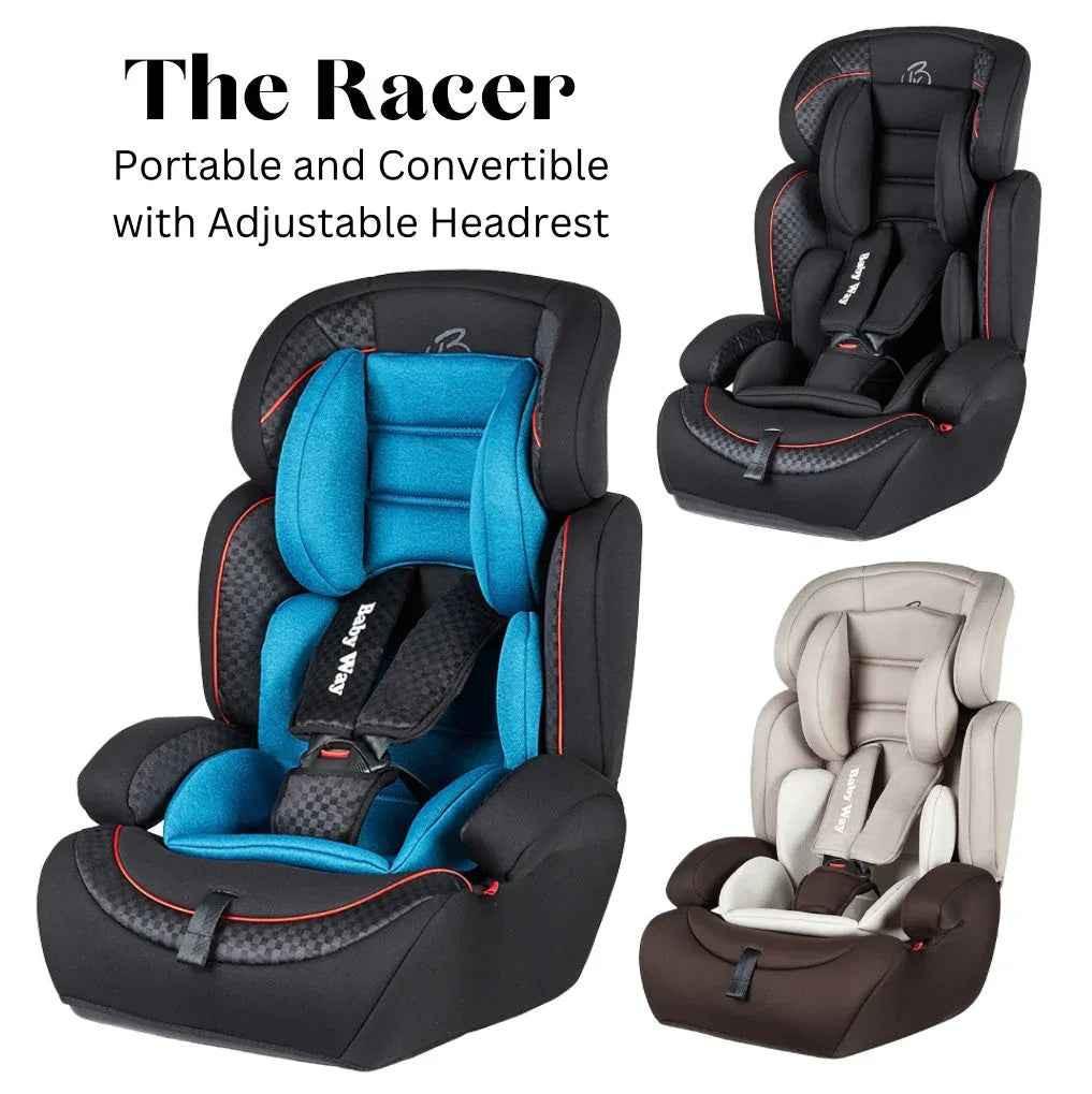 Baby Way NZ The Racer car seat booster with adjustable headrest, black booster seat for children.