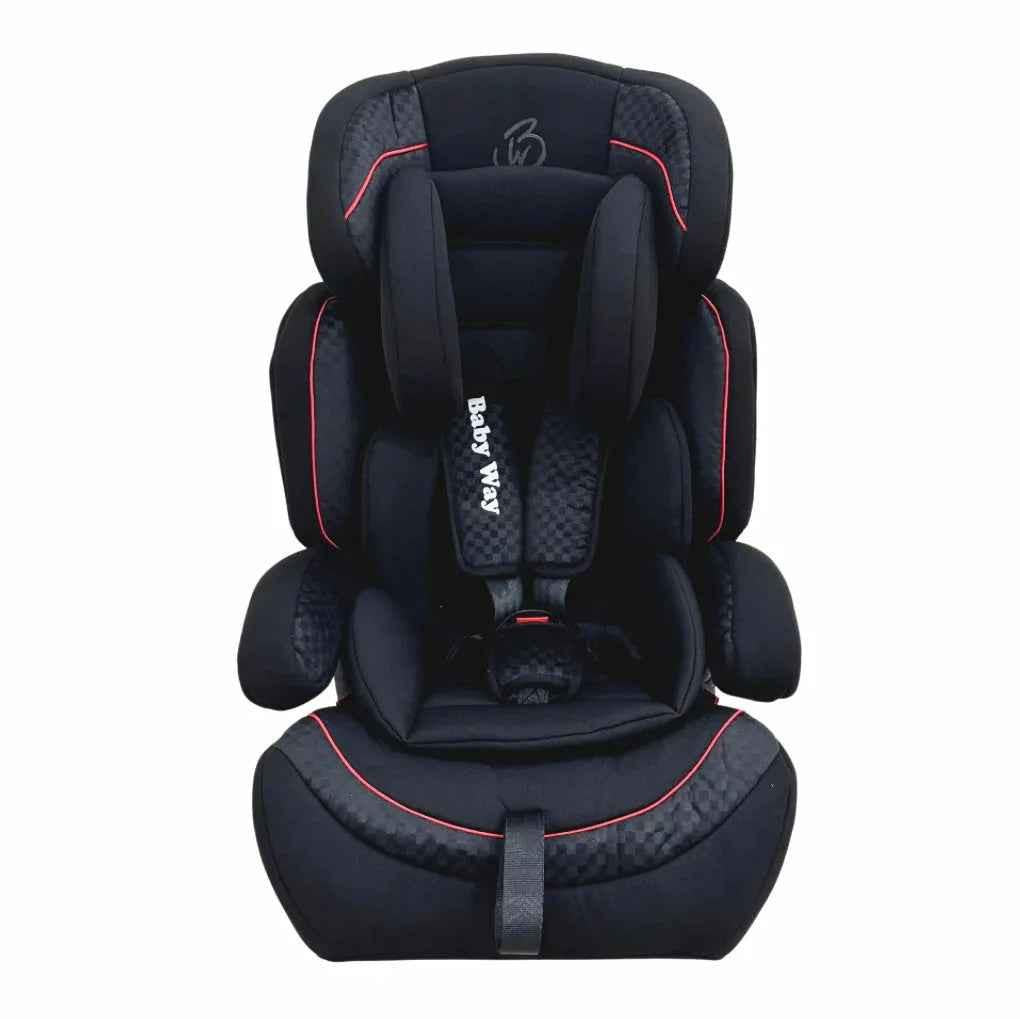 Baby Way NZ The Racer booster seat in black with adjustable headrest, designed for car safety and comfort for young children.