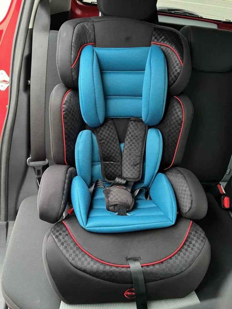 Baby Way NZ The Racer car seat booster with adjustable headrest and black fabric, designed for child safety and comfort.