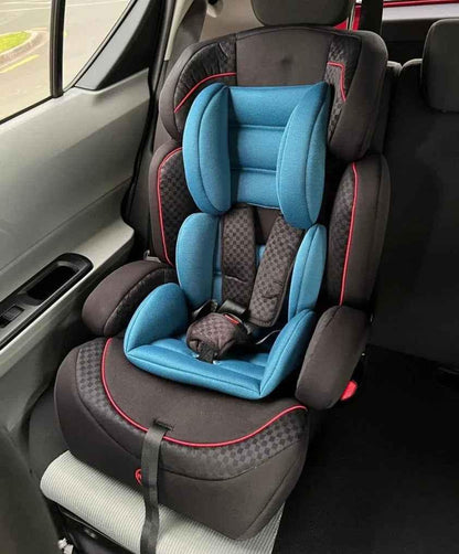 Black Baby Way NZ The Racer car seat booster with adjustable headrest, designed for comfort and safety in booster seats.