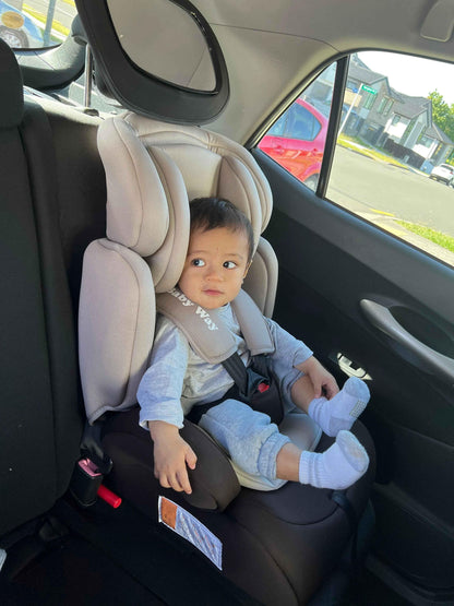 Black Baby Way NZ The Racer car seat booster with adjustable headrest, designed for comfort and safety for young travelers.